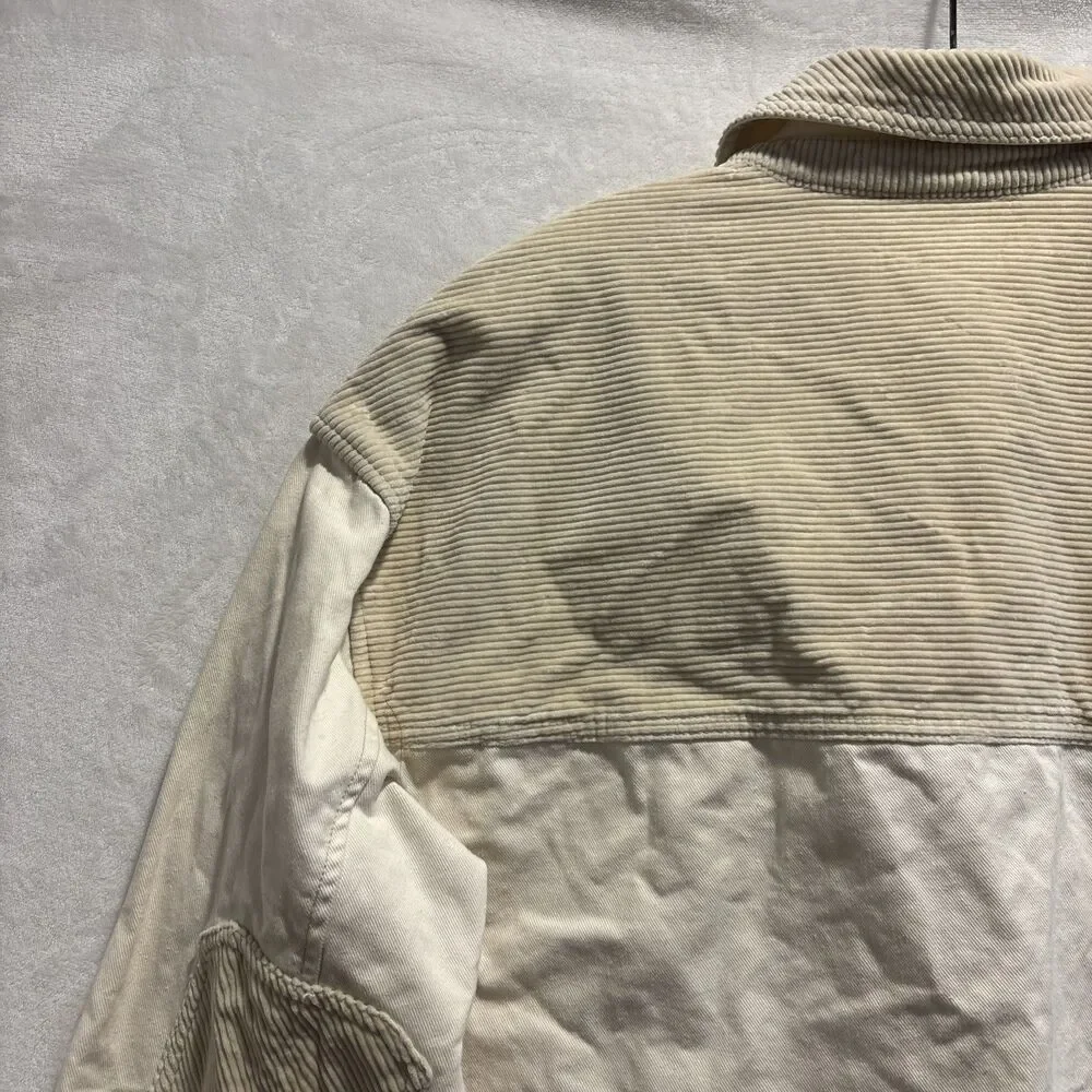 Madewell Women’s Cotton Chino Boxy Shirt Jacket Natural Size Large Elbow Patches